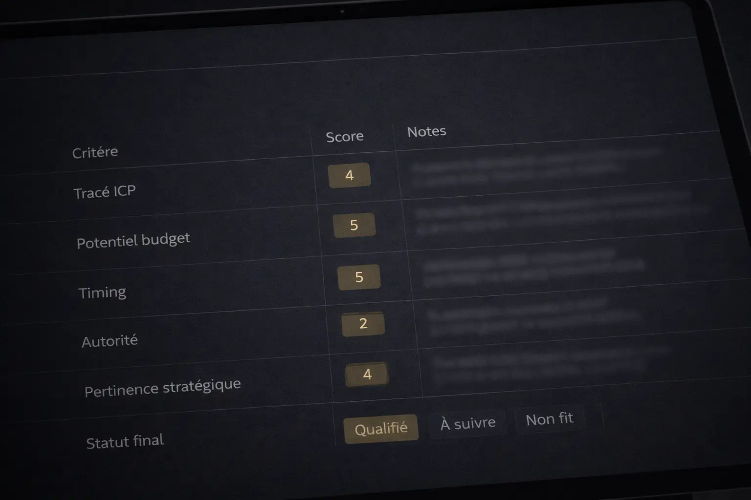 Scorecard de qualification — simple et actionable